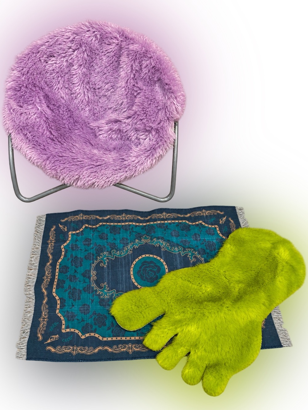 American Girl Doll Furniture Set Purple Fuzzy Chair Rug & Green Plush Accessory